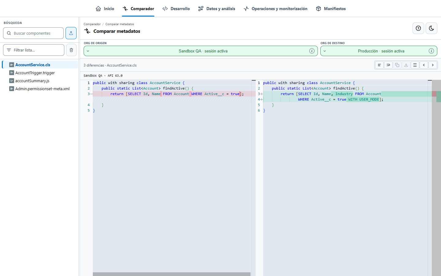 Comparador de metadata de Salesforce Org Compare  entre sandbox y producción