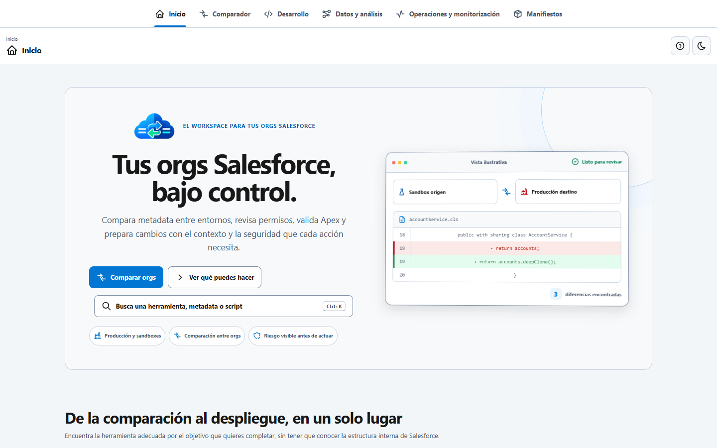 Página de inicio de Salesforce Org Compare  con sus áreas de trabajo